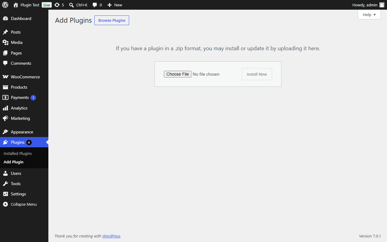 Plugins > Add New > Upload Plugin screen with the JazzCash plugin ZIP selected