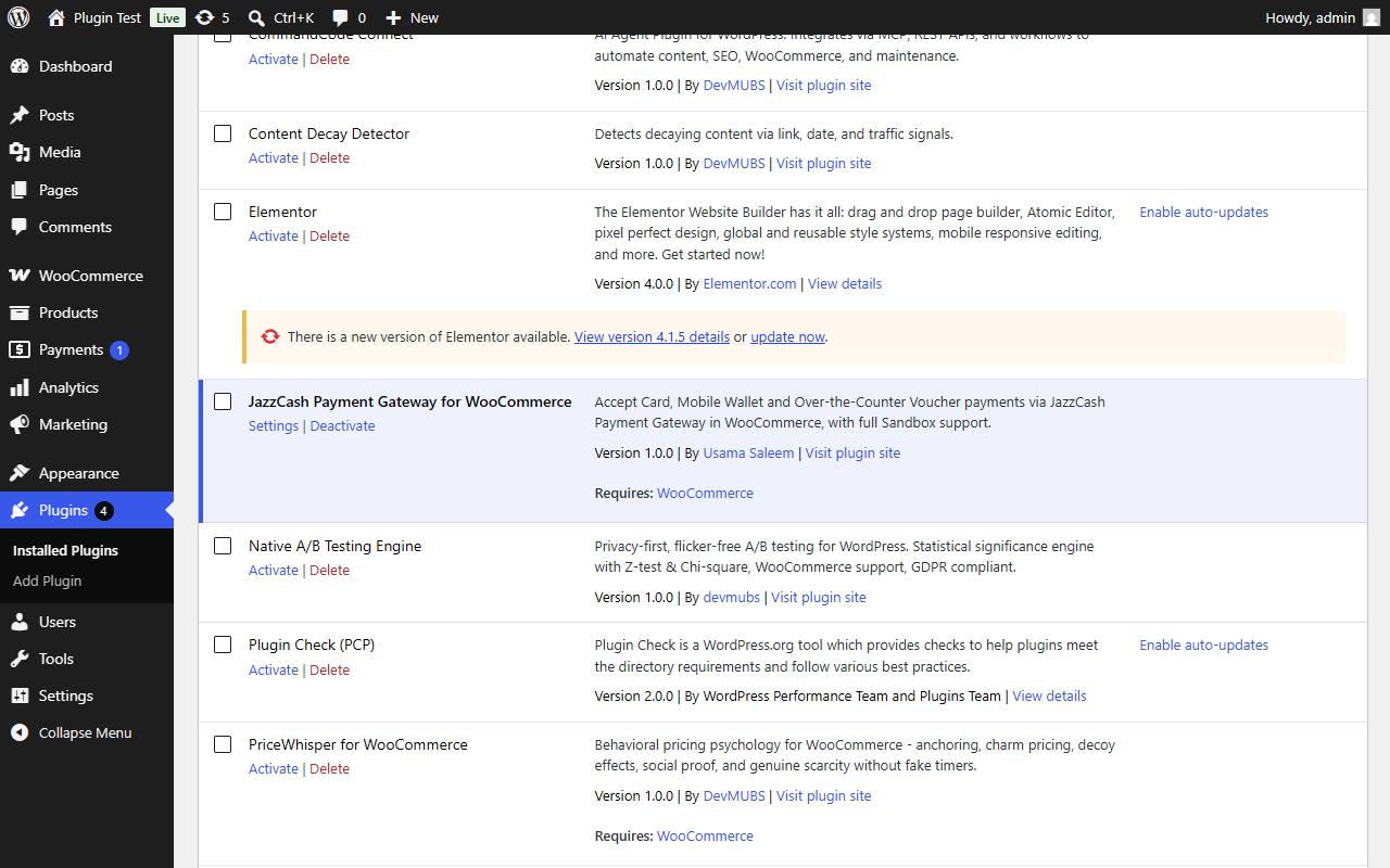 WordPress Plugins list showing Fauran Pay for JazzCash WooCommerce active
