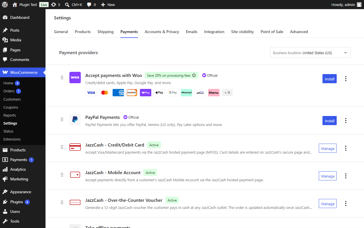 All three JazzCash gateways, managed like any other WooCommerce payment method.