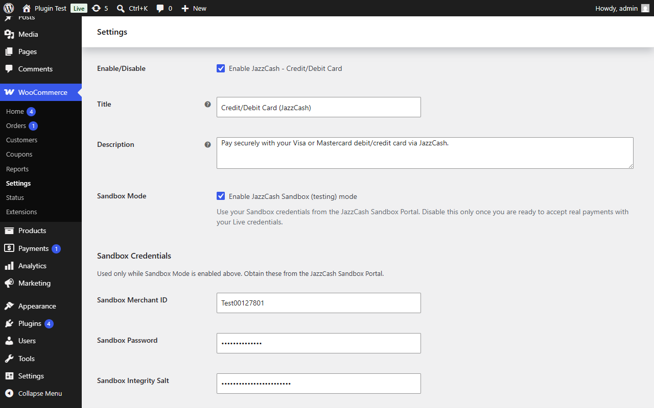 Sandbox Mode stays visible at all times — flip it on to test, off to go live.