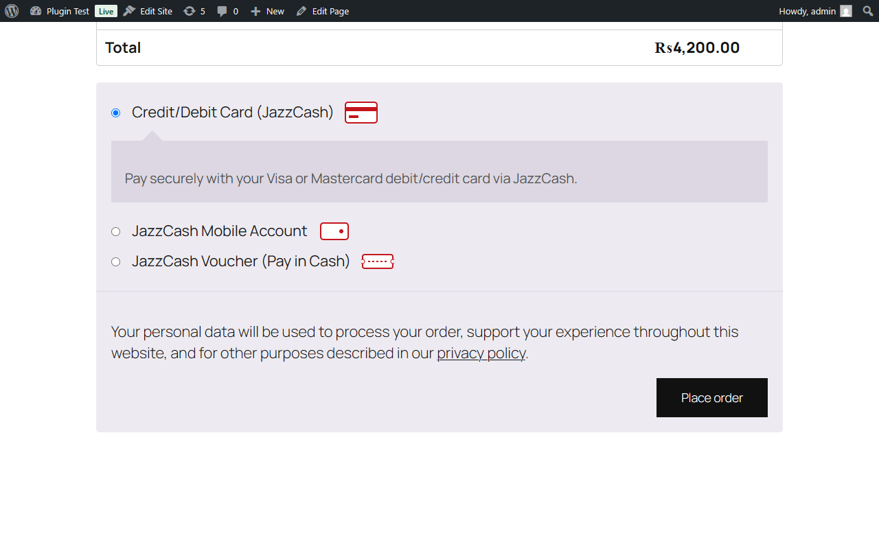 WooCommerce checkout showing JazzCash Card, Mobile Account and Voucher payment options
