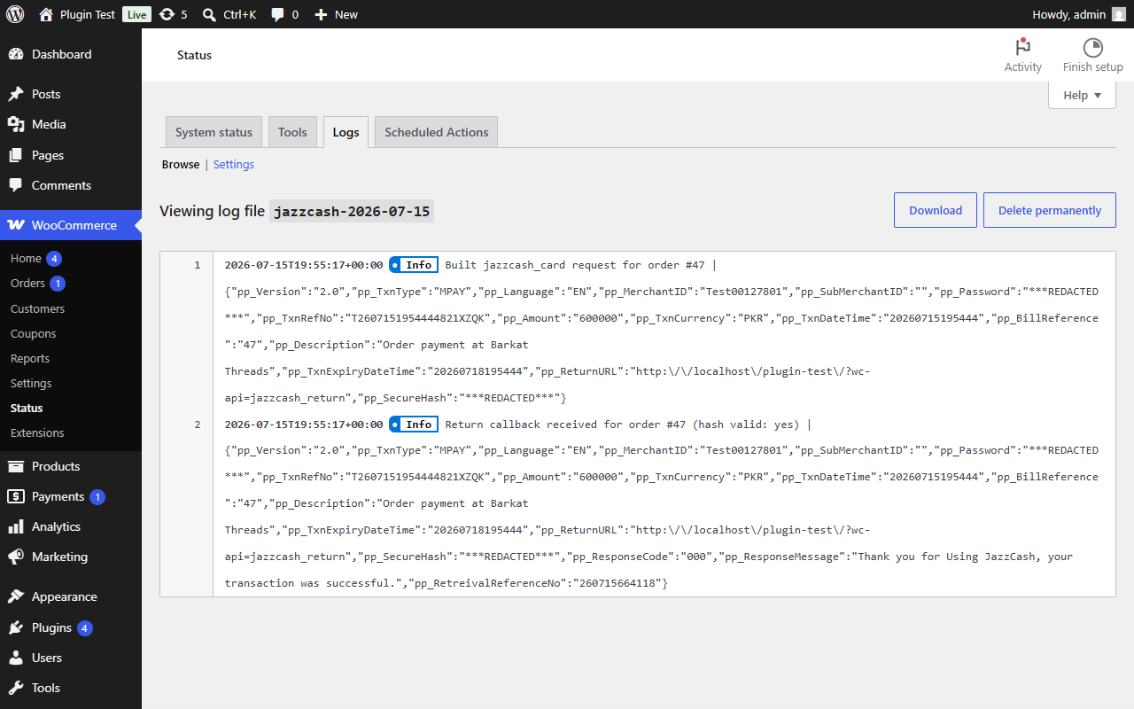 WooCommerce Status Logs screen showing a redacted JazzCash gateway log entry